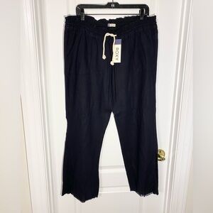 Roxy LINEN Blend Wide Leg Rope Drawstring Waist Low Rise Pants Black Size JR XL